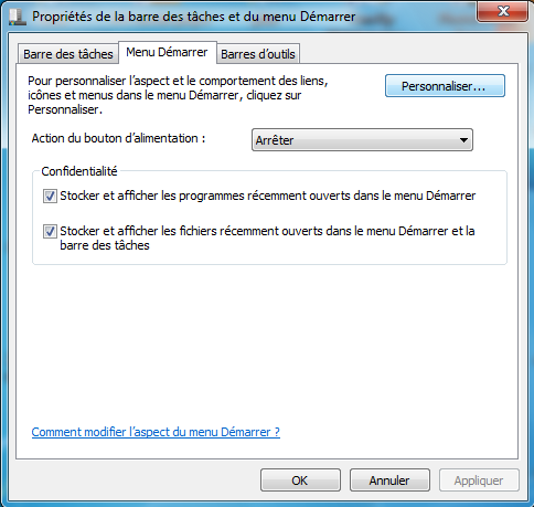 personnaliser le menu démarrer