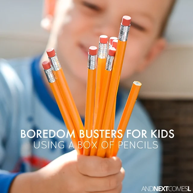 Back to school learning activities and boredom busters for kids using a box of pencils from And Next Comes L