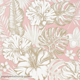 papel de pared con fondo rosa y hojas en gama de beige