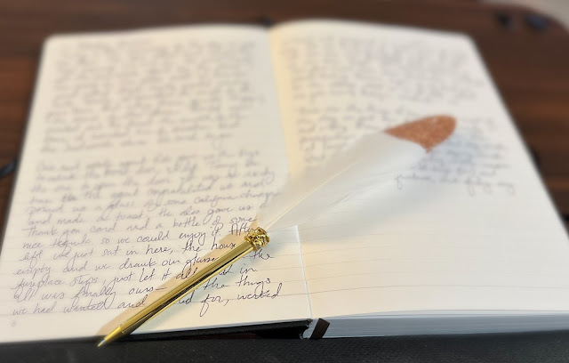 Blurred image of an open journal with a feather pen