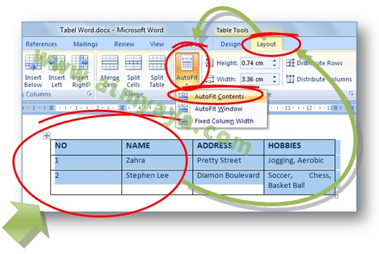 Gambar: Cara meminimalkan lebar kolom dengan cara membuat autofit kolom tabel di Microsoft Word 