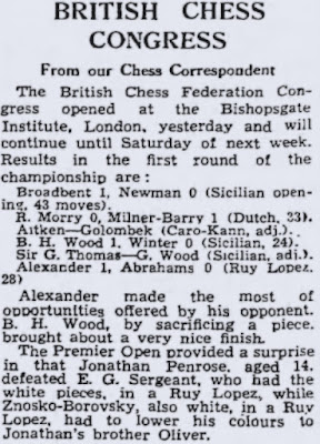 Penrose Defeats Sergeant, British Chess Congress