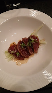 Seared tuna over cucumbers and soy