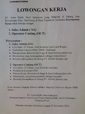 Lowongan PT. Astra Daido Steel  Loker Purwasuka
