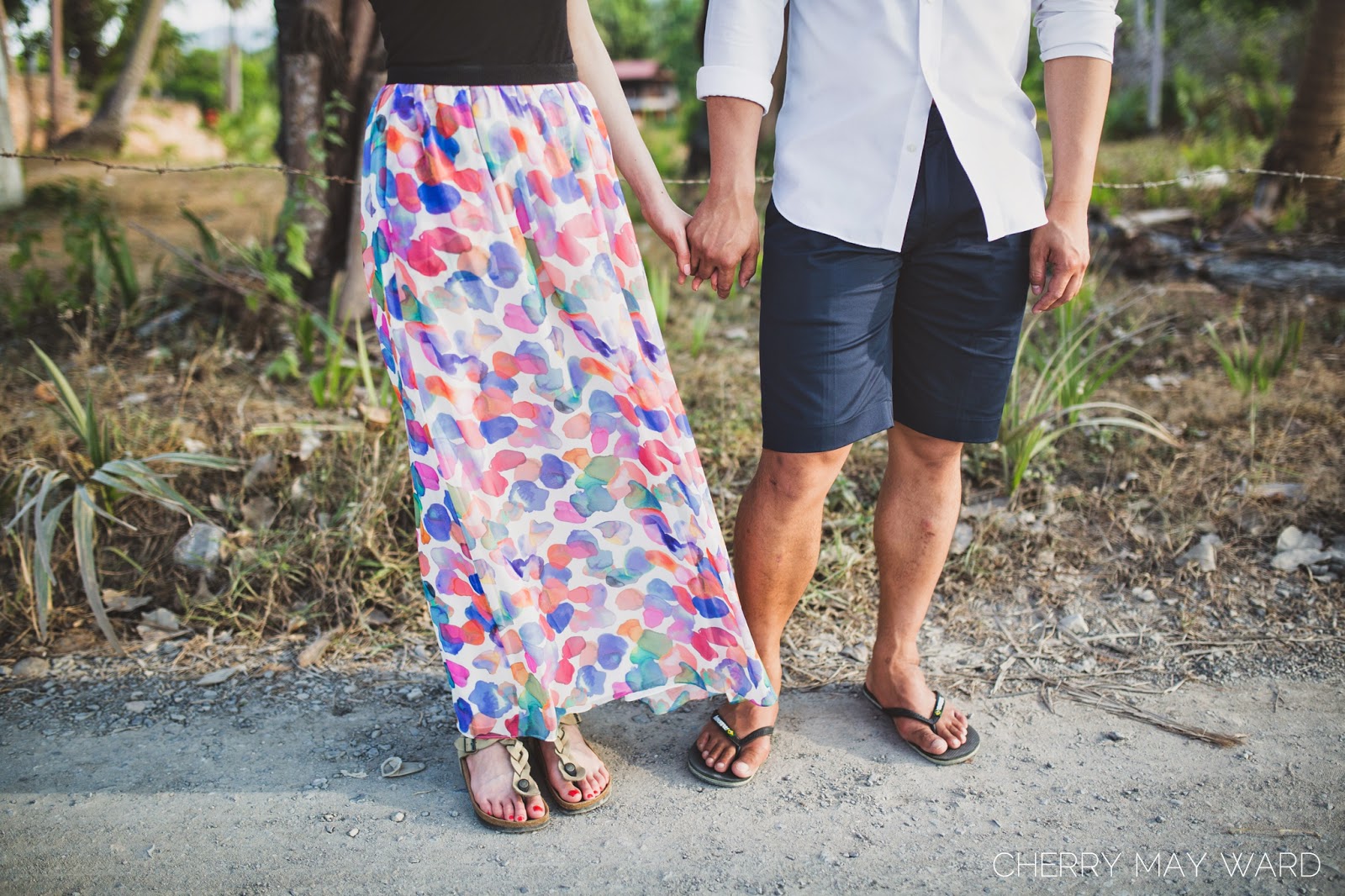 colourful skirt, engagement session outfit, fun colours, happy couple, holding hands, Koh Samui,