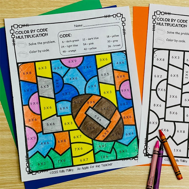 Football Math Facts Color by Number Worksheet