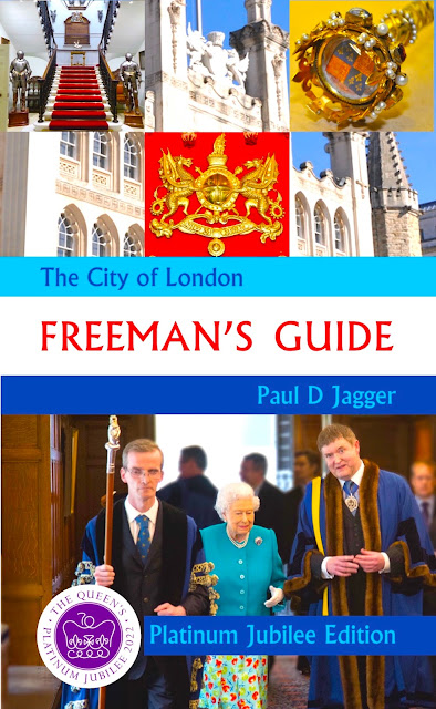 Photo of the cover image of The City of London Freeman's Guide Platinum Jubilee edition featuring iconic images from the City of London and Her Majesty the Queen entering Drapers' Hall with the Master and Beadle