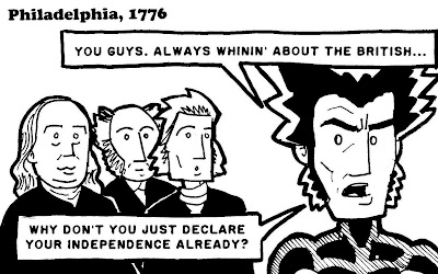 My attempts at drawing historical likenesses, from left to right: Benjamin Franklin, John Adams (whose hair and chops actually recall Wolverine with male-pattern baldness), and Thomas Jefferson