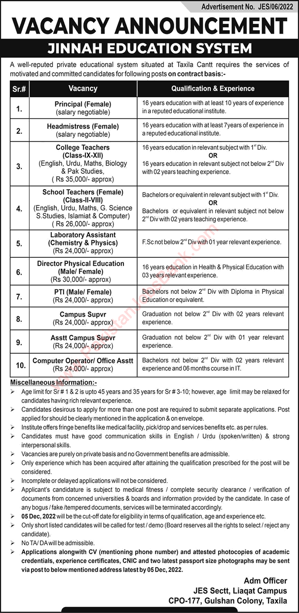 Jinnah Education System Taxila Jobs Vacancies Available Teachers, Lab Assistants & Others JES Latest November 2022