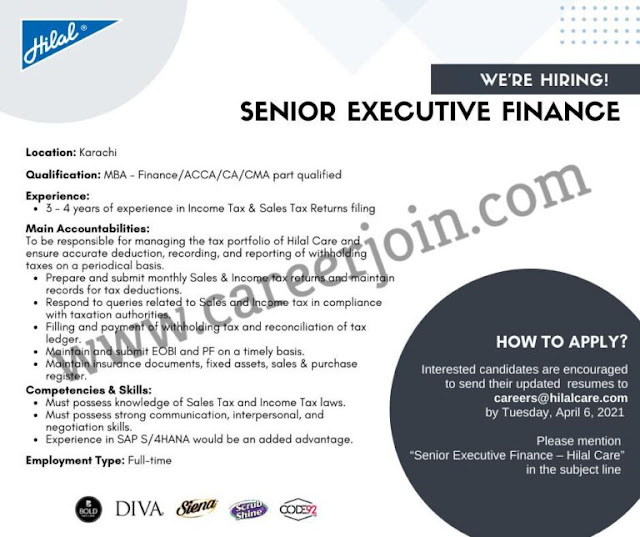 Hilal Care Pvt Ltd Jobs Senior Executive Finance 2021