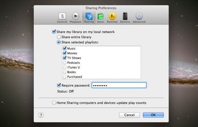 iTunes sharing via passwords