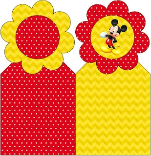 Mickey en Fondo Amarillo con Zigzags y Rojo con Lunares: Imprimibles Gratis para Fiestas.