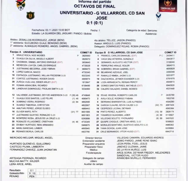 Planilla Universitario de Pando vs GV San Jose