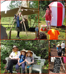 Collage of JustSo Festival photos showing harpist, clown, family walking Saturday Morning in the woods