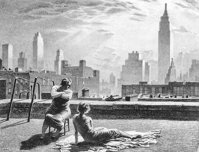 a Martin Lewis print of two woman talking on an urban rooftop