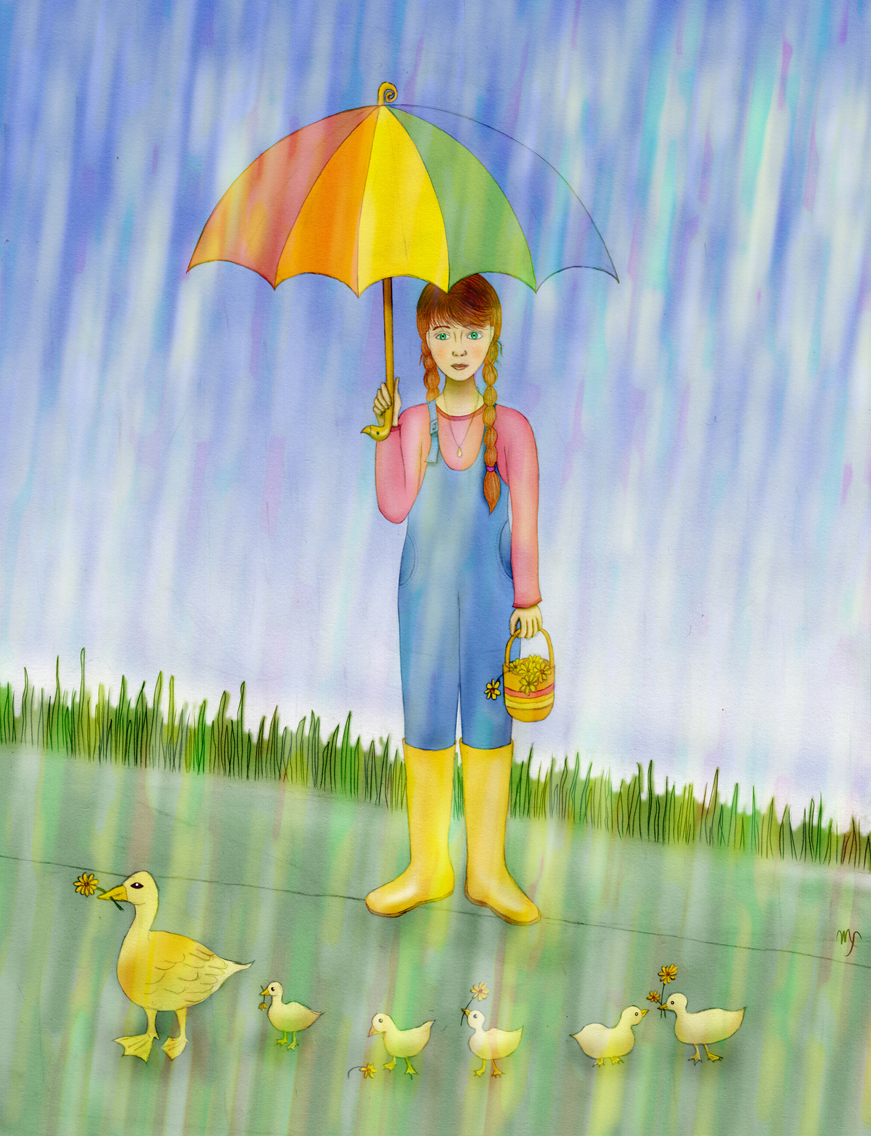 girl with umbrella in the rain with ducks