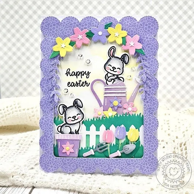 Sunny Studio Stamps: Spring Garden Die Focused Easter Card by Tina Henkens (featuring Bunnyville, Stitched Arch Dies, Frilly Frame Dies, Mini Grass Dies, Picket Fence Dies, Happy Thoughts, Winter Greenery Dies)