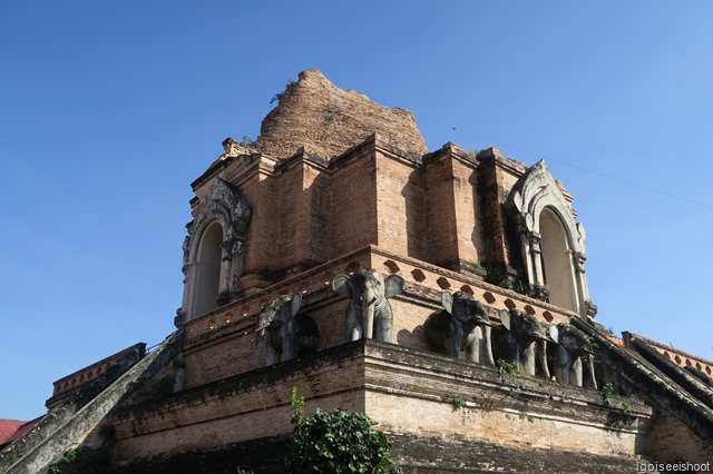 Distinct lopsided shape of the damaged chedi. Wat Chedi Luang