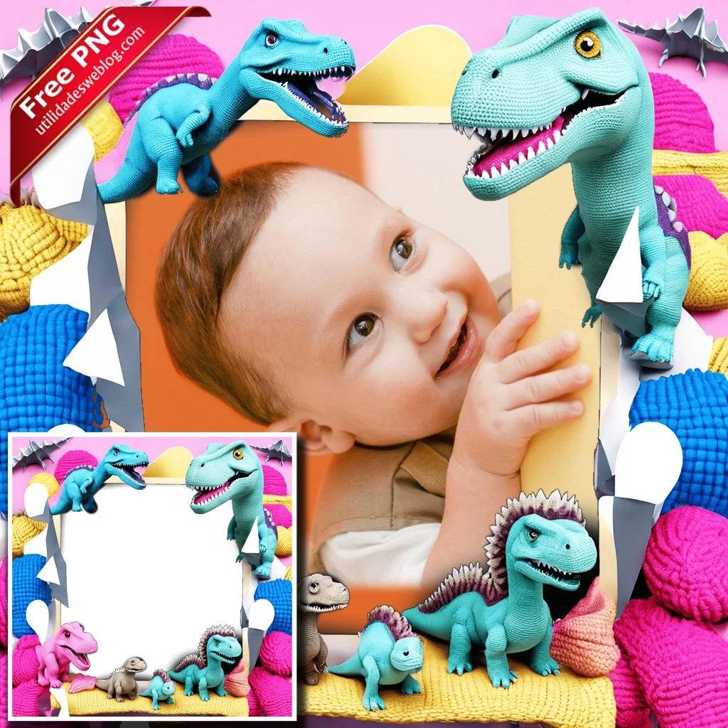 marco para fotos con dinosaurios bordados o de crochet en png con fondo transparente para descargar gratis