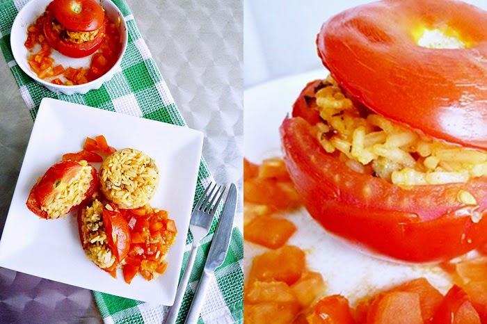 Gefüllte Tomaten mit Reis und Rostbratwürste