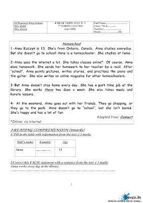 تحميل فرض تأليفي 3 أنقليزية مع الاصلاح سنة سابعة أساسي pdf Anglais  , امتحان أنقليزية سنة سابعة مع الإصلاح 7ème,full-term test english