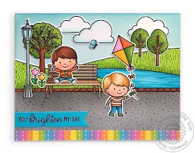 Sunny Studio Blog: You Brighten My Day Kids with Kite at Park Scene Card (using Spring Showers, Spring Scenes & Banner Basics Stamps and Spring Fling Paper)