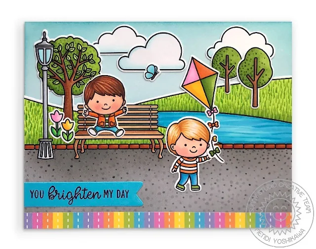 Sunny Studio Blog: You Brighten My Day Kids with Kite at Park Scene Card (using Spring Showers, Spring Scenes & Banner Basics Stamps and Spring Fling Paper)