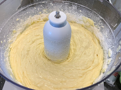 cake batter in a mixer