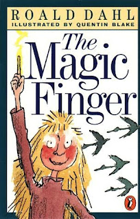 Image of the front cover of Roald Dahl's The Magic Finger - a drawing of a girl holding her magic finger aloft.