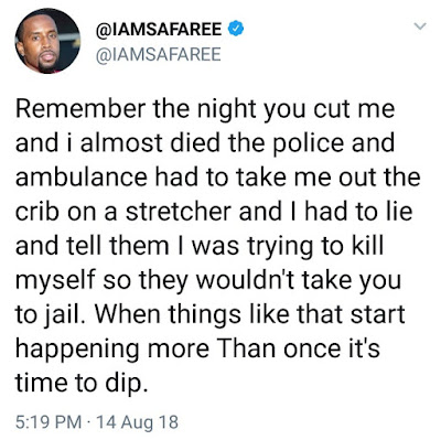 Safaree Samuels took to twitter to accuse US rapper, Nicki Minaj, of domestic violence during there time together, claiming he almost bled to death and had to lie to the police claiming it was a suicide attempt that left him injured to protect Nicki.   The Grammy award nominee fired back claiming the former stole her credit card and taking money from her account.