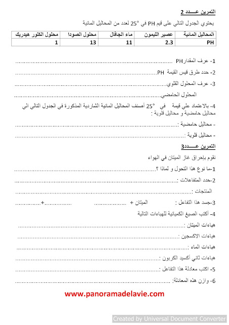 الفرض التاليفي عدد 2 في مادة العلوم الفيزيائية ، السنة التاسعة أساسي 