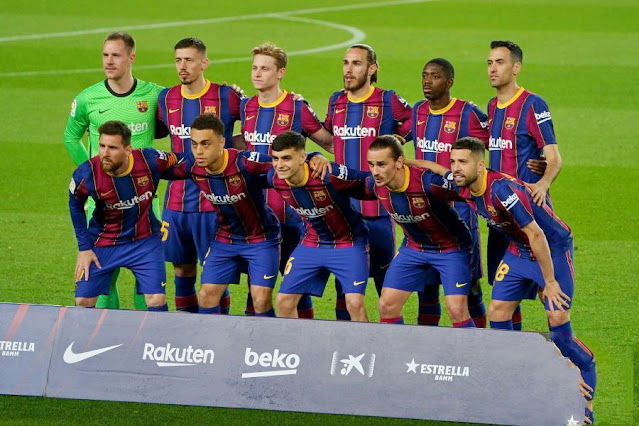 F. C. BARCELONA. Ter Stegen, Clément Lenglet, Frenkie De Jong, Mingueza, Dembelé, Busquets. Messi, Dest, Pedri, Griezmann y Jordi Alba. F. C. BARCELONA 1 REAL VALLADOLID C. F. 0. 05/04/2021. Campeonato de Liga de 1ª División, jornada 29. Barcelona, Nou Camp. GOLES: 1-0: 90’, Ousmane Dembelé.