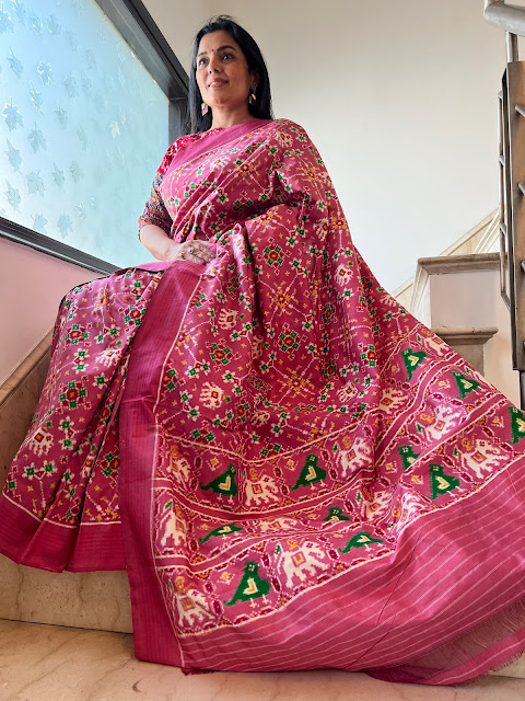 Unveiling Splendor: The Onion Pink Double Ikat Navratan Design Silk Pochampally Saree
