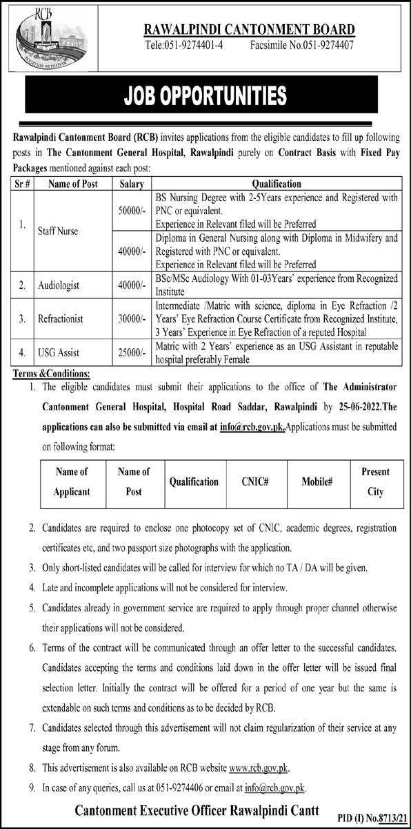 Latest Rawalpindi Cantonment Board RCB Medical Posts Rawalpindi 2022