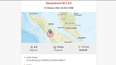  Gempa Magnitudo 6,0 Guncang Tapanuli Utara  