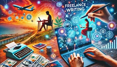 "Freelance writing opportunities illustrated with a writer typing on a laptop, a pile of cash on the desk, a scenic travel background, and a tablet displaying an article draft."