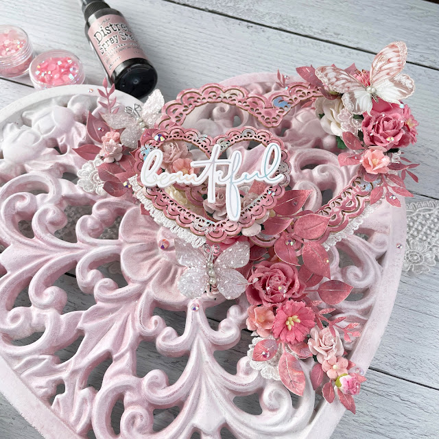 Beautiful Love Heart Mixed Media project created with: Reneabouquets butterflies, bubblegum pink roses, lace, heart chipboard frames, glitter glass; Spellbinders glimmer foil, anemone, autumn leaves, floral reflection; Tim Holtz distress victorian velvet; Pinkfresh jewels