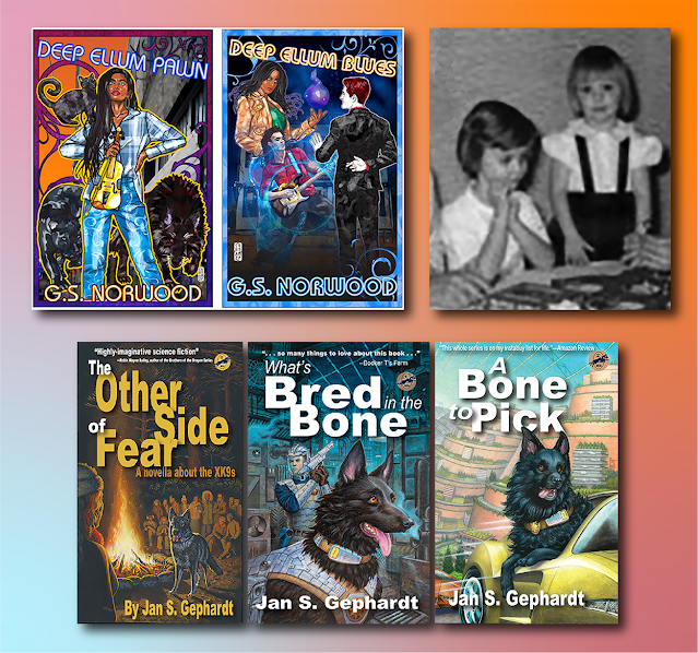 The sisters in their childhood, and their books published through Weird Sisters Publishing.