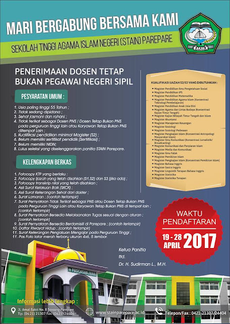  Informasi terbaru mengenai lowongan dosen kali ini bersumber dari Sekolah Tinggi Agama Is Penerimaan Dosen Tetap Bukan PNS STAIN Parepare Tahun 2017