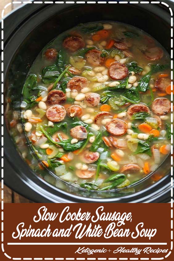 Slow Cooker Sausage, Spinach and White Bean Soup - So hearty, so comforting, and so easy to make right in the crock-pot with just 10 min prep. Easy peasy!