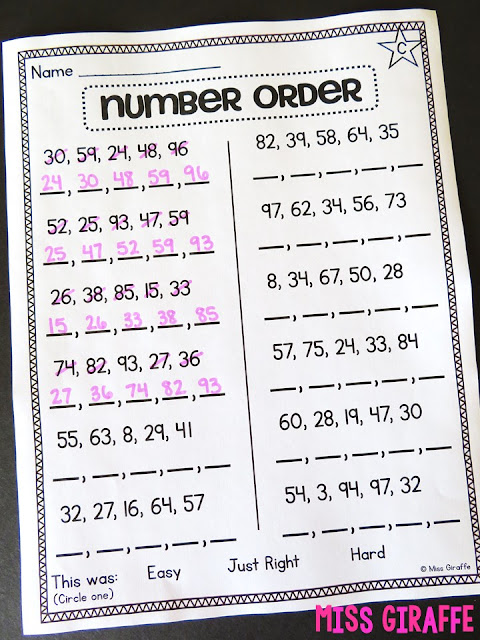 Differentiated first grade math worksheets for number order where students put numbers in order (Star in top left corner shows it is a level C worksheet) - read about how to individualize your instruction with leveled worksheets!