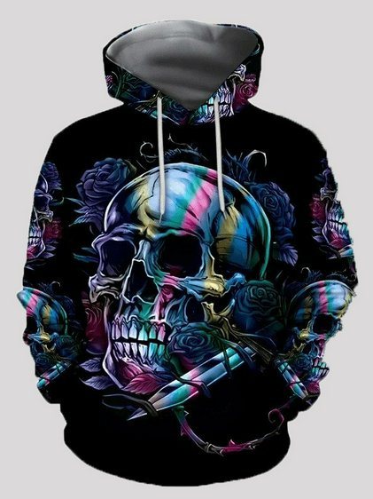 LW Men Skull Head Print Kangaroo Pocket Hoodie