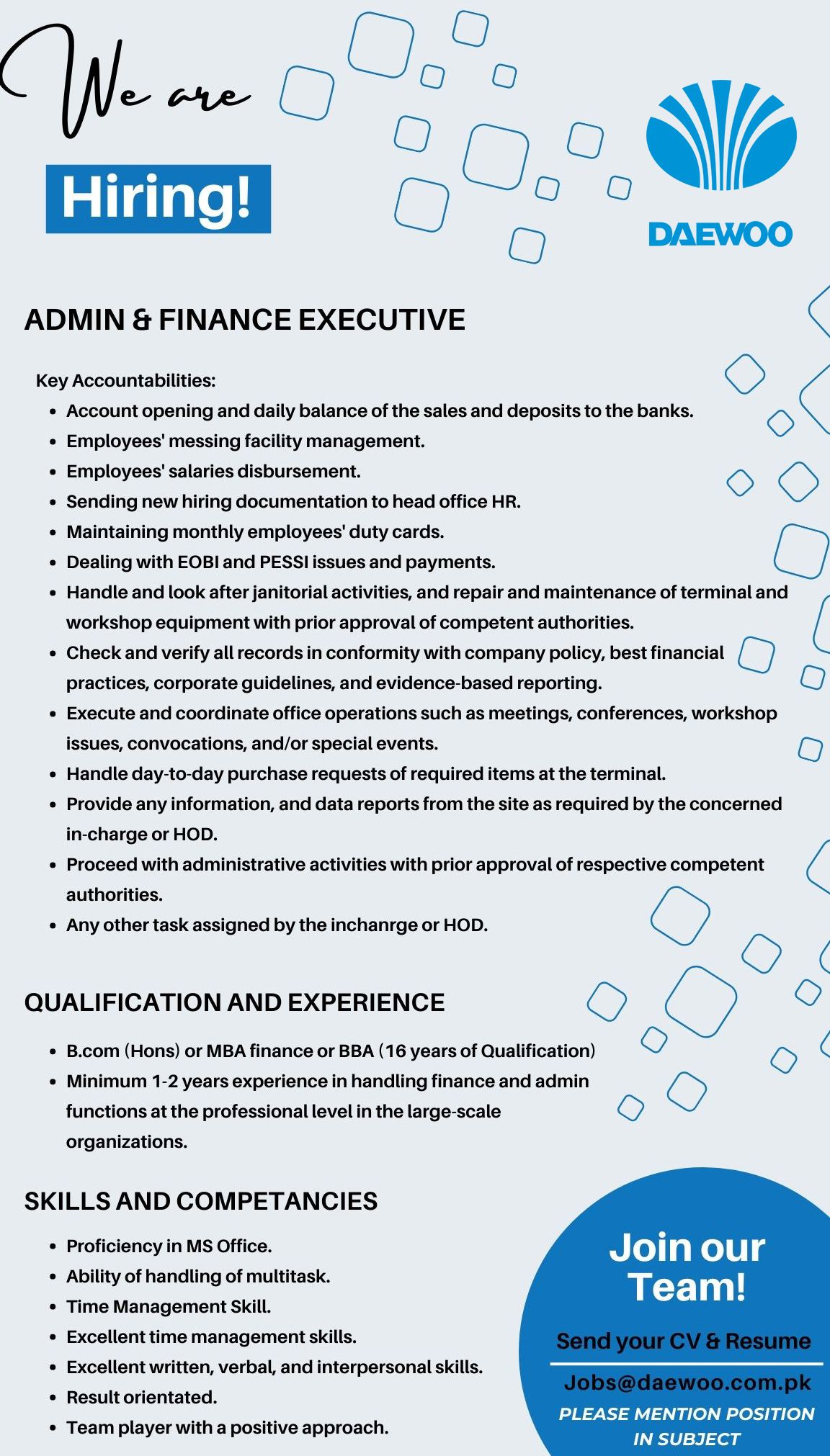 Daewoo Pakistan Express Bus Service Ltd Jobs For Admin & Finance Executive