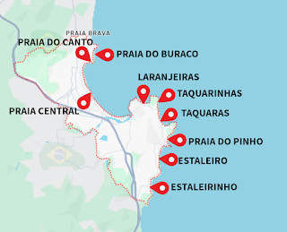 Praia do Canto, Praia do Buraco, Praia Central, Praia Laranjeiras, Praia Taquarinhas, Praia Taquaras, Praia do Pinho, y Praias Estaleiro y Estaleirinho.