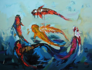 Koi Painting, Oil Canvas, Animals, Expressionism