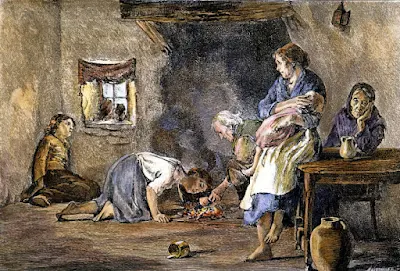 «Grace» de Paul Lynch, Dans un foyer irlandais  durant la Grande Famine, gravure colorisée du XIXe siècle