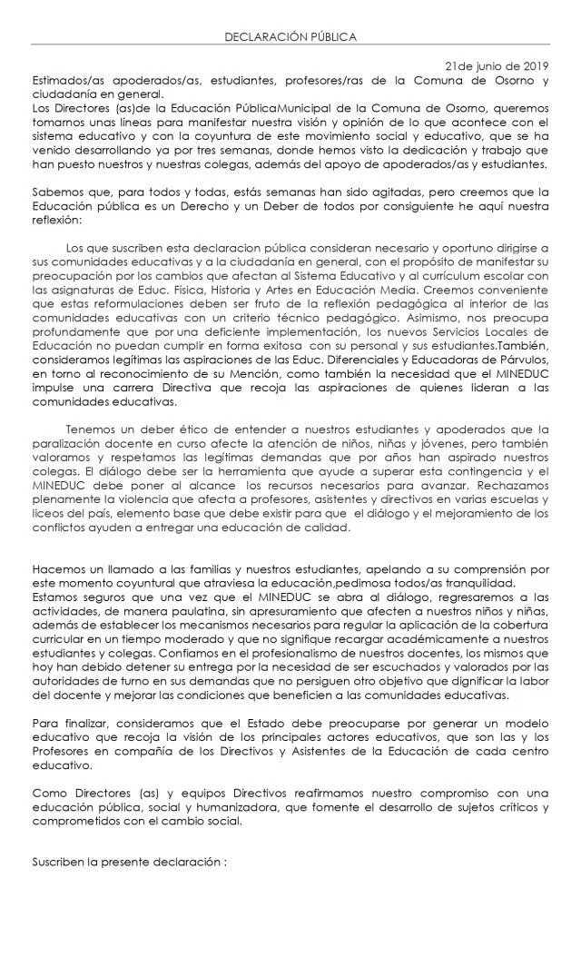 Declaración pública de los Directores de Escuelas y Liceos de Osorno