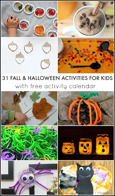 31 fall & Halloween crafts and activities for kids with free downloadable activity calendar from And Next Comes L