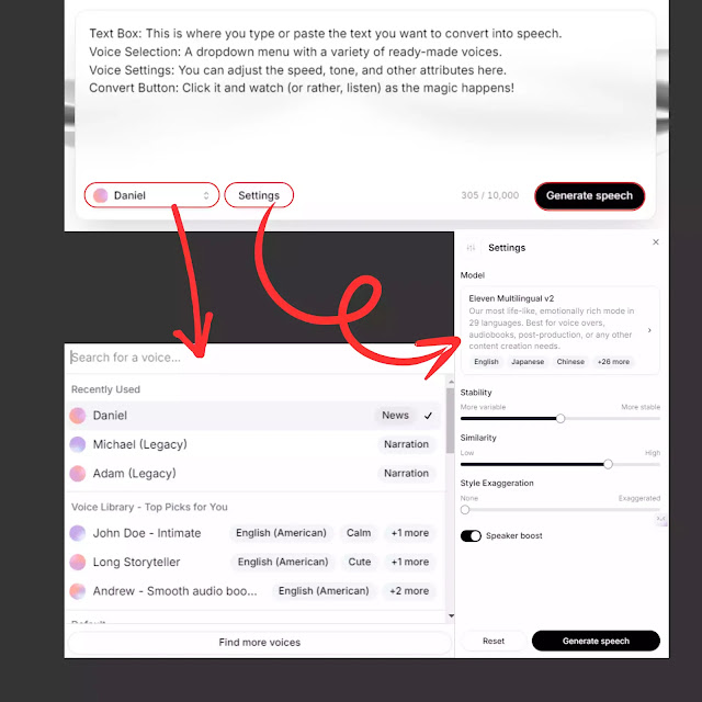 Screenshot of a text-to-speech software interface showing voice selection and settings options, including a dropdown menu for choosing voices and a settings panel for adjusting model, stability, similarity, and style exaggeration.