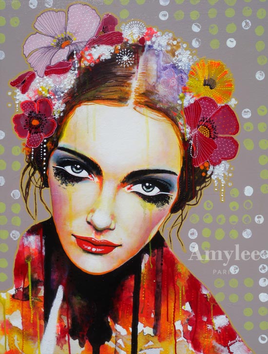 Amylee works in many techniques acrylic paint and patterned collages on 